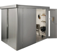 Metall Gerätehaus mit geöffneter Tür und Grill