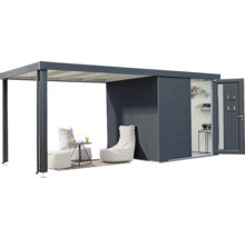 Moderne Gartenlounge mit Überdachung und Gerätehaus inklusive Sitzmöbeln und Dekoration.
