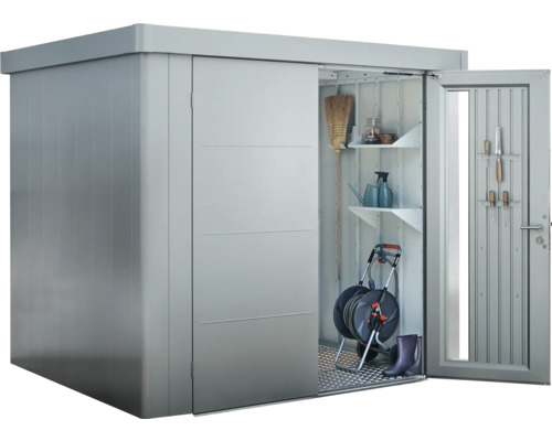Metall Gartenhaus mit Schiebetür und Gartengeräten