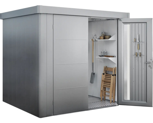 Gerätehaus mit Schiebetür und Regalen zur Aufbewahrung von Gartengeräten