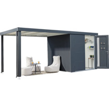 Modernes Gartenhaus mit Überdachung und Sitzgelegenheit