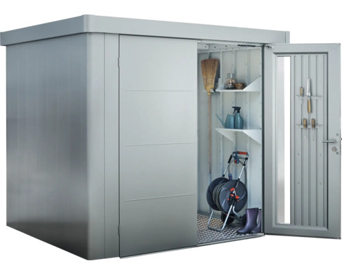 Metall Gerätehaus mit Schiebetür und Gartengeräten