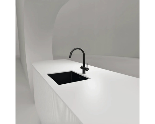Schwarzer Wasserhahn und Spüle auf weißer Arbeitsplatte