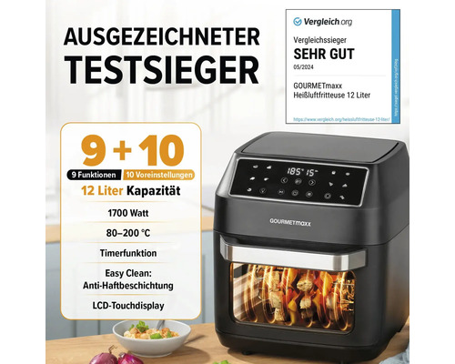Gourmetmaxx Heißluftfritteuse mit 12 Litern Kapazität, ausgezeichnet als Testsieger