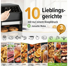 Heißluftfritteuse mit verschiedenen Speisen als Zubereitungsideen
