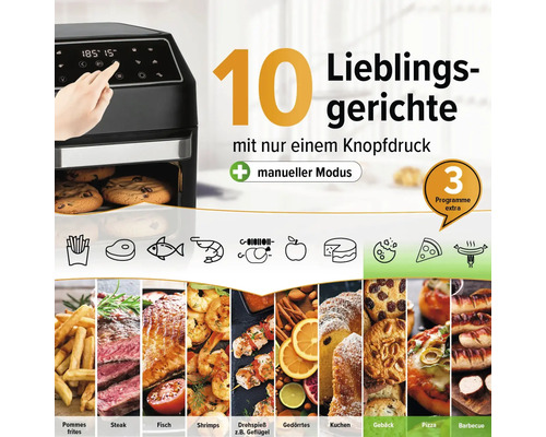 Heißluftfritteuse mit verschiedenen Speisen als Zubereitungsideen