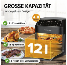 Heißluftfritteuse mit Speisen wie Pizza, Hähnchen und Fleischspieße
