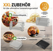 XXL Zubehörset mit acht Schaschlikspießen, zwei Backgittern, einem Grillkorb, einem Grillspieß, einer Entnahmehilfe und einer Abtropfschale