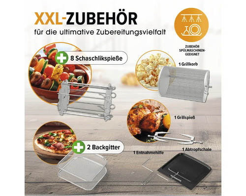 XXL Zubehörset mit acht Schaschlikspießen, zwei Backgittern, einem Grillkorb, einem Grillspieß, einer Entnahmehilfe und einer Abtropfschale
