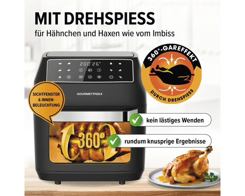 Gourmetmaxx Heißluftfritteuse mit Sichtfenster und Drehspieß zum Grillen von Hähnchen