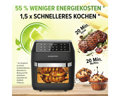 Gourmetmaxx Heißluftfritteuse mit Speisen wie Steak und Muffins