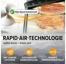 Schnelle Aufwärmzeit durch Rapid-Air-Technologie, die für knusprige Ergebnisse sorgt und eine variable Temperaturkontrolle bis 220 Grad Celsius ermöglicht, mit gleichmäßiger Wärmeverteilung und einem starken 360 Grad Luftstrom.