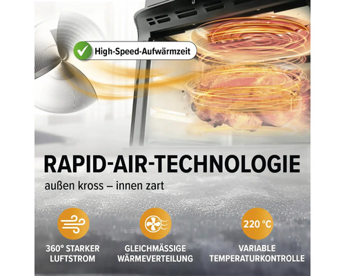 Schnelle Aufwärmzeit durch Rapid-Air-Technologie, die für knusprige Ergebnisse sorgt und eine variable Temperaturkontrolle bis 220 Grad Celsius ermöglicht, mit gleichmäßiger Wärmeverteilung und einem starken 360 Grad Luftstrom.