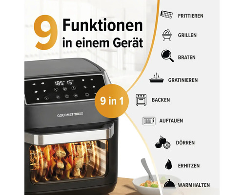 Gourmetmaxx Heißluftfritteuse mit neun Funktionen zum Frittieren, Grillen, Braten, Gratinieren, Backen, Auftauen, Dörren, Erhitzen und Warmhalten