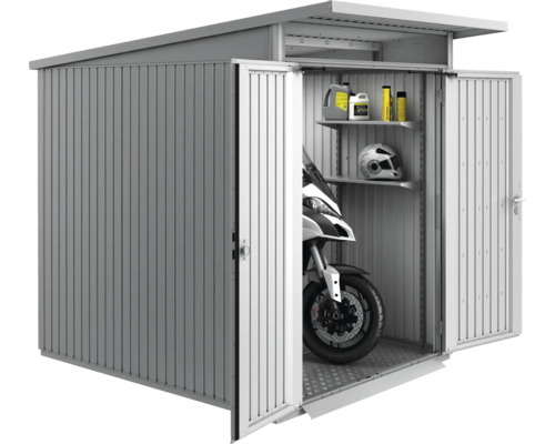 Metall Gerätehaus mit Motorrad, Regalen und Zubehör