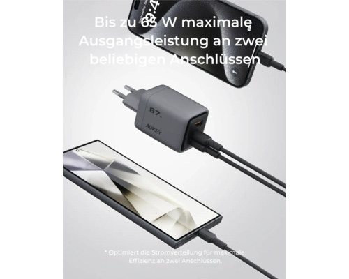 Aukey 65 Watt Charger with two phones connected