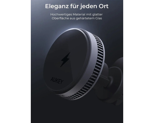 Aukey Logo. Magnetische Handyhalterung mit Blitz Symbol.