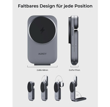 Aukey faltbare magnetische kabellose Ladestation mit Größenangaben und verschiedenen Positionswinkeln.