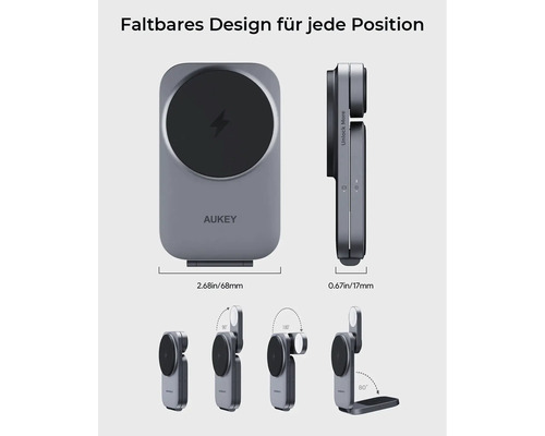 Aukey faltbare magnetische kabellose Ladestation mit Größenangaben und verschiedenen Positionswinkeln.