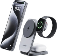 Aukey Logo Ladestation mit Smartphone und Smartwatch