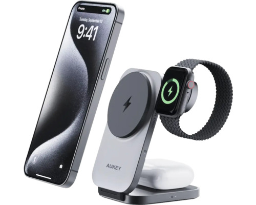 Aukey Logo Ladestation mit Smartphone und Smartwatch