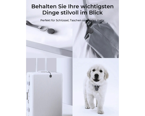 Anwendungsbeispiele für einen Tracker an Schlüsselanhänger, Tasche, Koffer und Hundehalsband