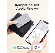 Aukey Logo Ortungsgerät in einer Geldbörse und auf einem Smartphone mit Apple Find My App