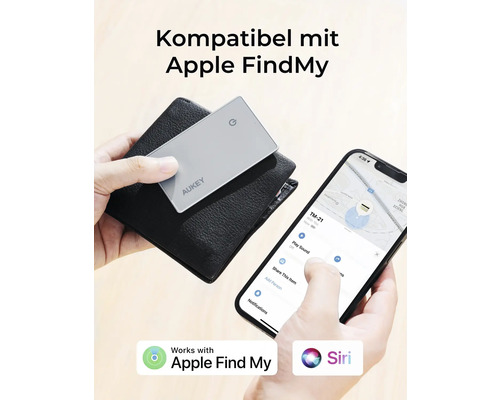 Aukey Logo Ortungsgerät in einer Geldbörse und auf einem Smartphone mit Apple Find My App