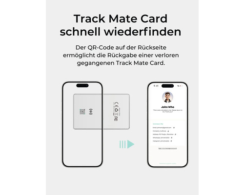 Track Mate Card zur schnellen Wiederfindung mit QR-Code und Smartphone-Integration