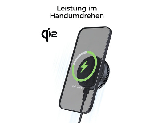 Telefon an kabellosem Ladegerät mit Qi2 Logo