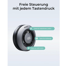 Aukey Logo. Mobile Kühler mit Tasten für kabelloses Laden, Kühlung und LED-Licht.