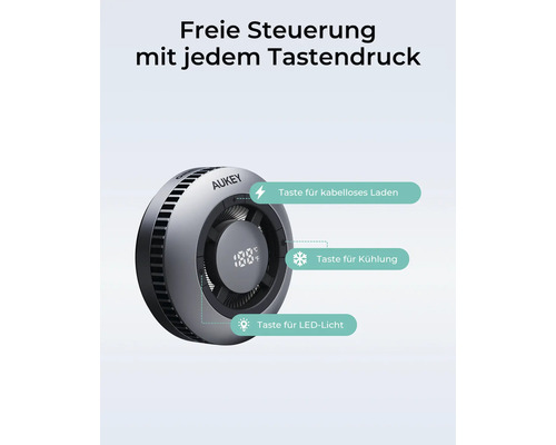 Aukey Logo. Mobile Kühler mit Tasten für kabelloses Laden, Kühlung und LED-Licht.