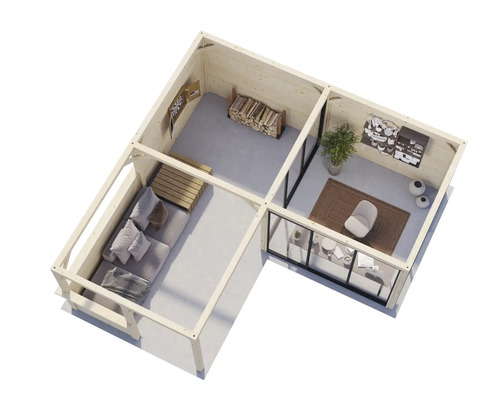 Innenansicht eines Holzhauses mit Wohnbereich und Arbeitszimmer
