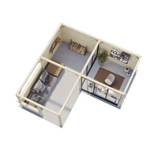 Illustration eines Holzgartenhauses mit Wohnbereich und Arbeitszimmer