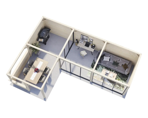 Darstellung eines Gartenhauses mit Grillplatz, Essbereich, Arbeitszimmer und Wohnzimmer