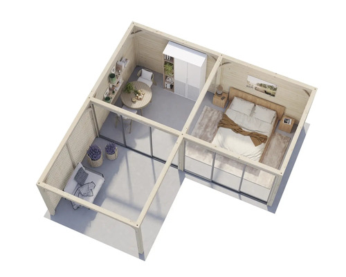 Innenansicht eines Gartenhauses mit Schlafzimmer, Wohnzimmer und Esszimmer