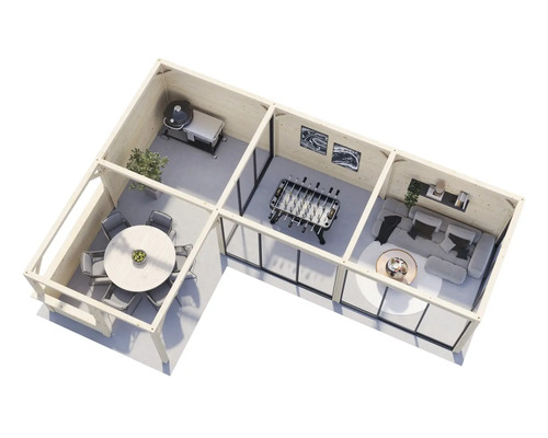 Innenansicht eines Holzgartenhauses mit Grillplatz, Essbereich, Spielzimmer und Wohnzimmer.