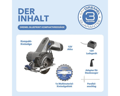 Dremel Blueprint Kompaktkreissäge Set mit Kreissäge, 12V Akku, Ladegerät, Multimaterial-Kreissägeblatt, Staubsaugeradapter und Parallelanschlag