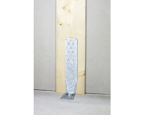 Winkelverbinder aus Metall mit Holzbrett und Befestigungslöchern