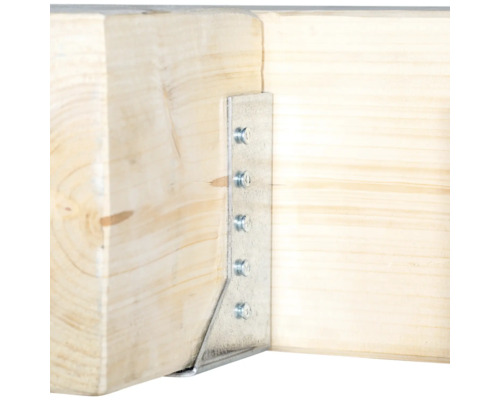 Holzverbinder aus Metall mit Schrauben an zwei Holzstücken befestigt