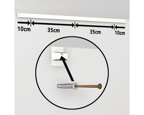 Illustration einer Gardinenstange mit Maßangaben und Detailansicht zur Wandbefestigung mit Schraube und Dübel