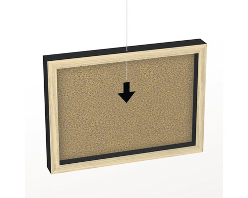 Hängende Pinnwand mit Holzrahmen und schwarzem Rand