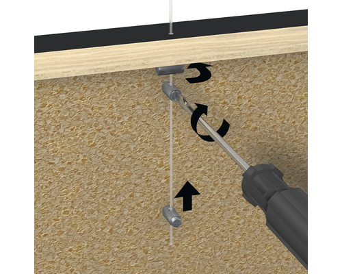 Installationsszene für ein Abhängesystem zur Deckenmontage mit Drahtseil und Schraubendreher.