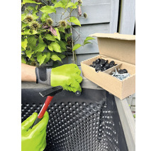 Person befestigt Noppenfolie mit Hammer und Befestigungsknöpfen in einem Pflanzkasten.