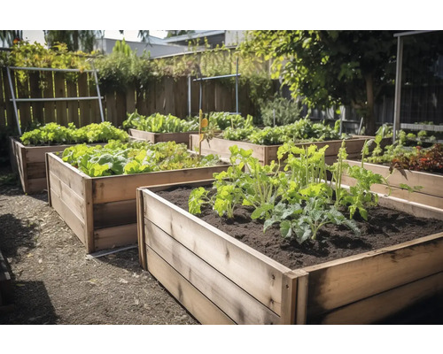Hochbeete mit verschiedenen Gemüsesorten in einem Garten