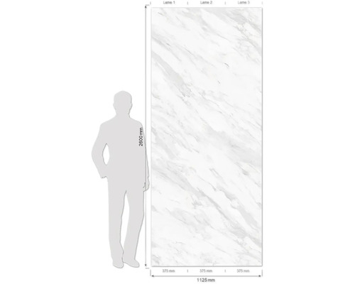 Dekorplatte mit Marmorstruktur und Größenangabe