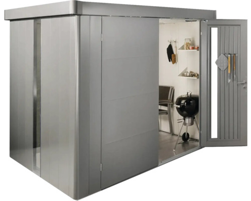 Metall Gerätehaus mit offener Tür und Grill im Inneren