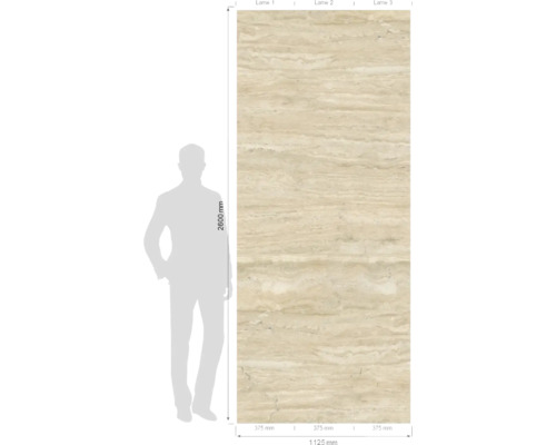 Fliesenpaneel mit Abmessungsangaben und einer Größe von 2600 mal 1125 Millimeter