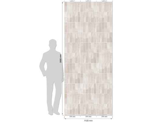 Wandfliesenmuster mit Maßangaben und einer Person zum Größenvergleich.