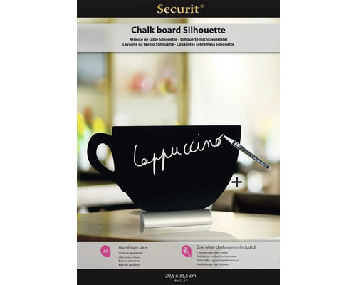 Securit Kreidetafel Silhouette in Form einer Tasse mit Aluminiumfuß und Kreidemarker